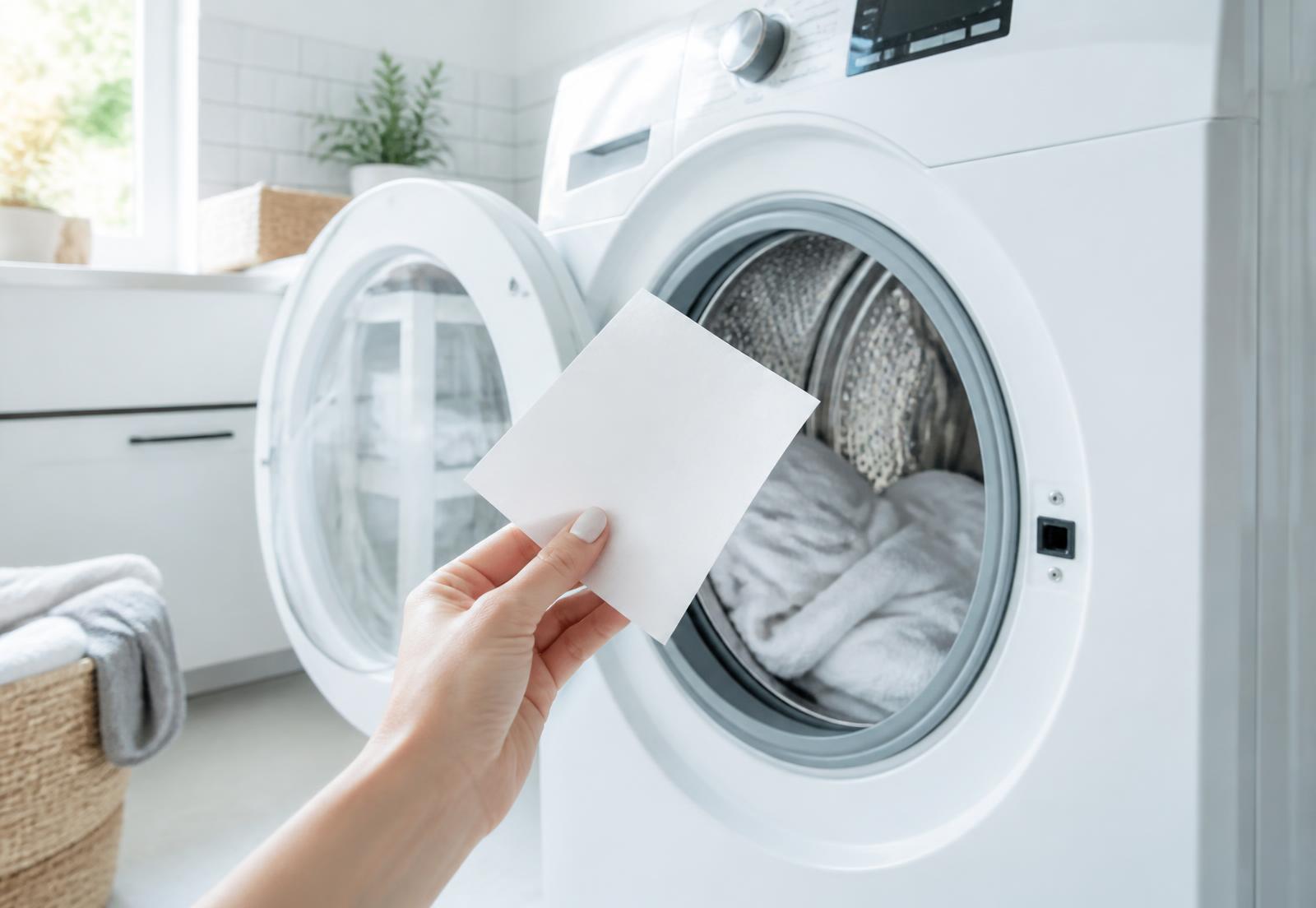 A hand holding a single Washeez laundry detergent sheet in front of an open washing machine